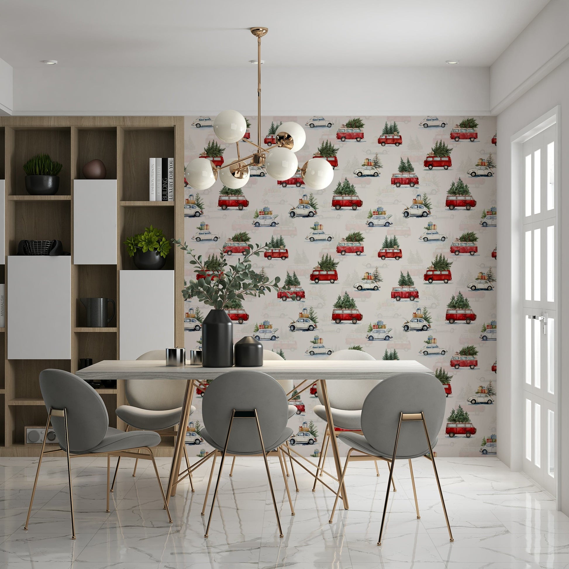 Artistic wallpaper featuring charming camionette motifs for a cheerful and quirky wall design.