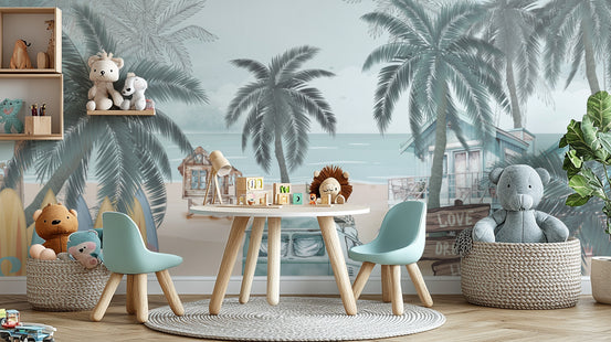 Vintage Coastal Beach wallpaper mural with teal palms and a campervan behind a kids play table and toy baskets