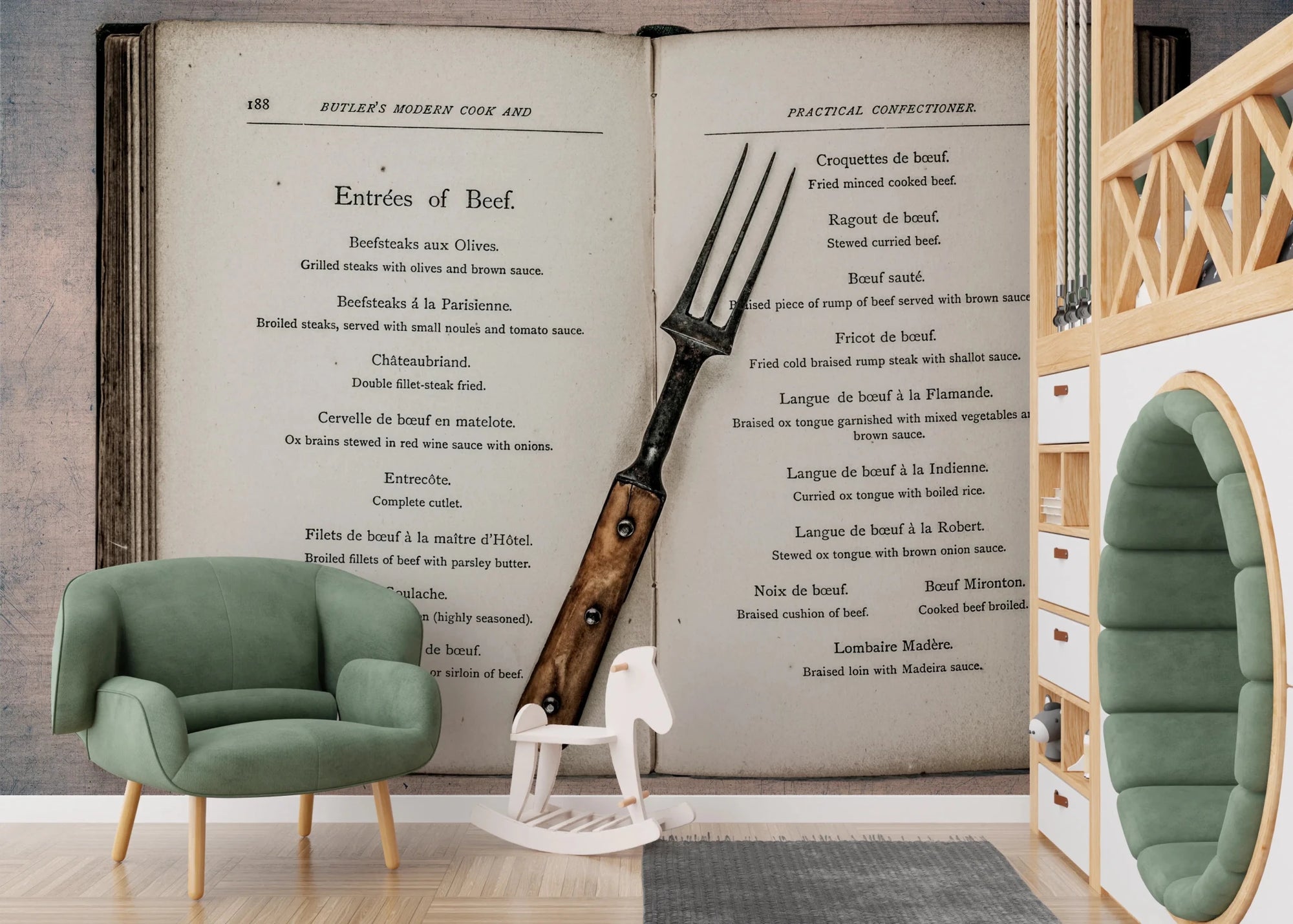 Vintage Cookbook wallpaper mural of an open beef recipe book and old fork behind a green armchair in a kids room
