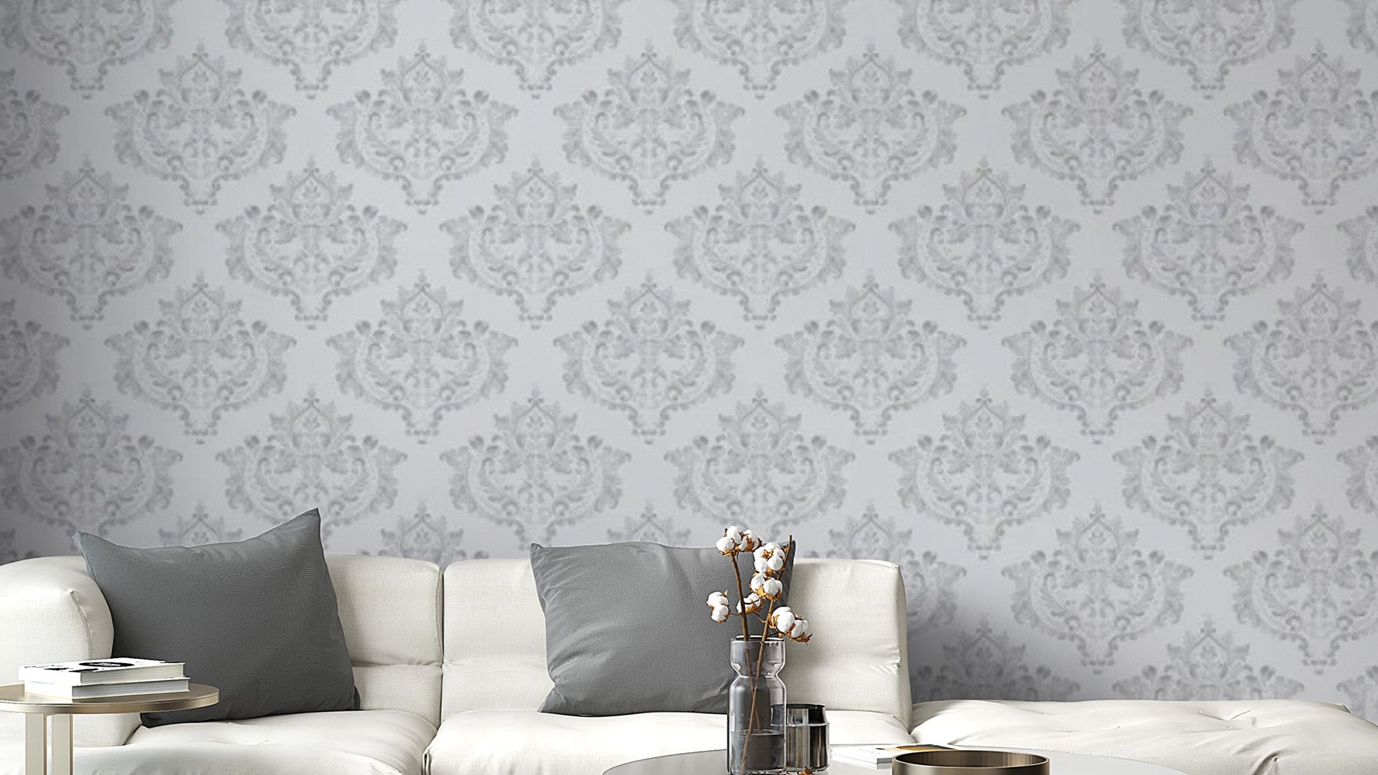 Traditional grey and white damask wallpaper for chic interiors.