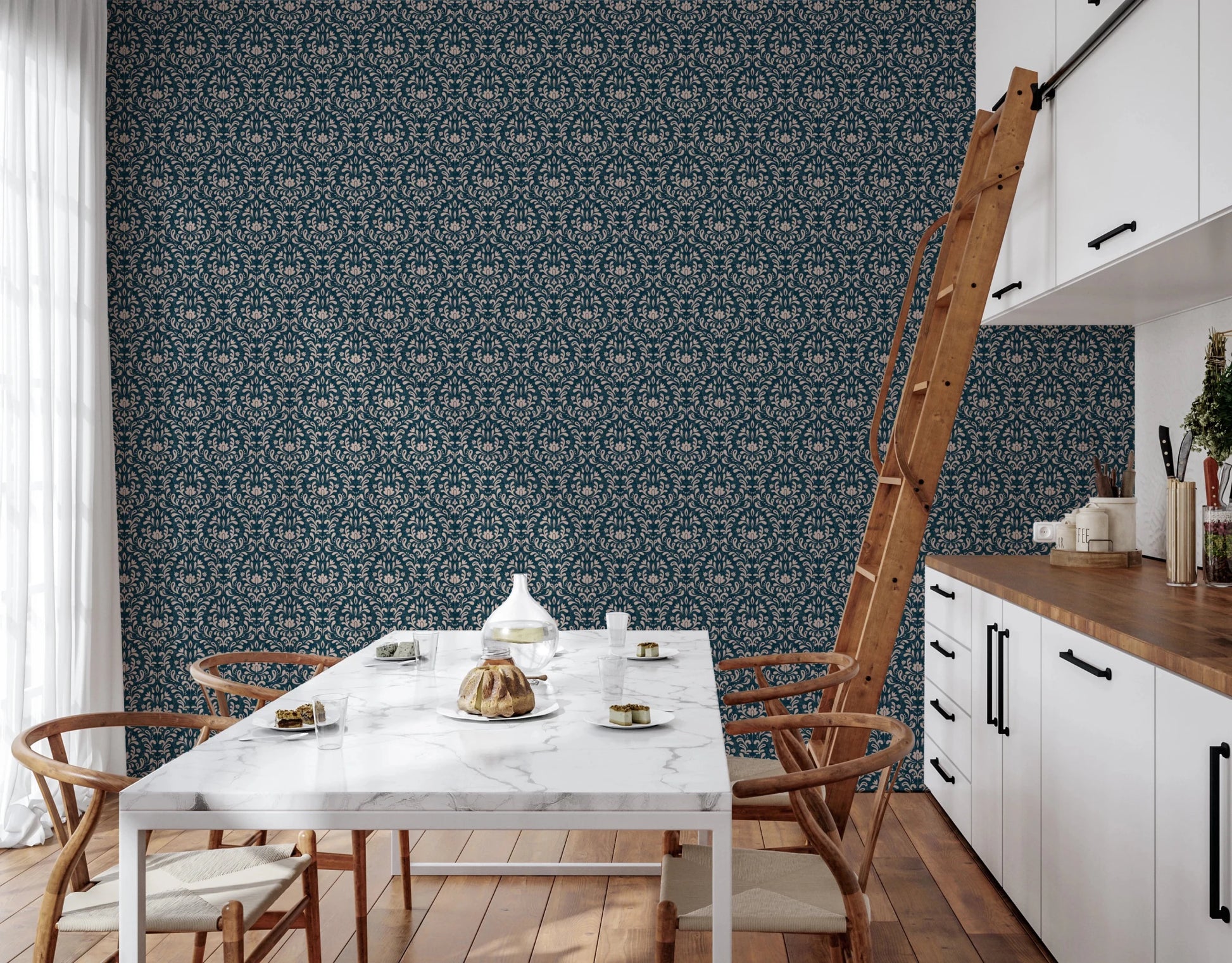 Vintage DARK BLUE DAMASK Wallpaper⁠