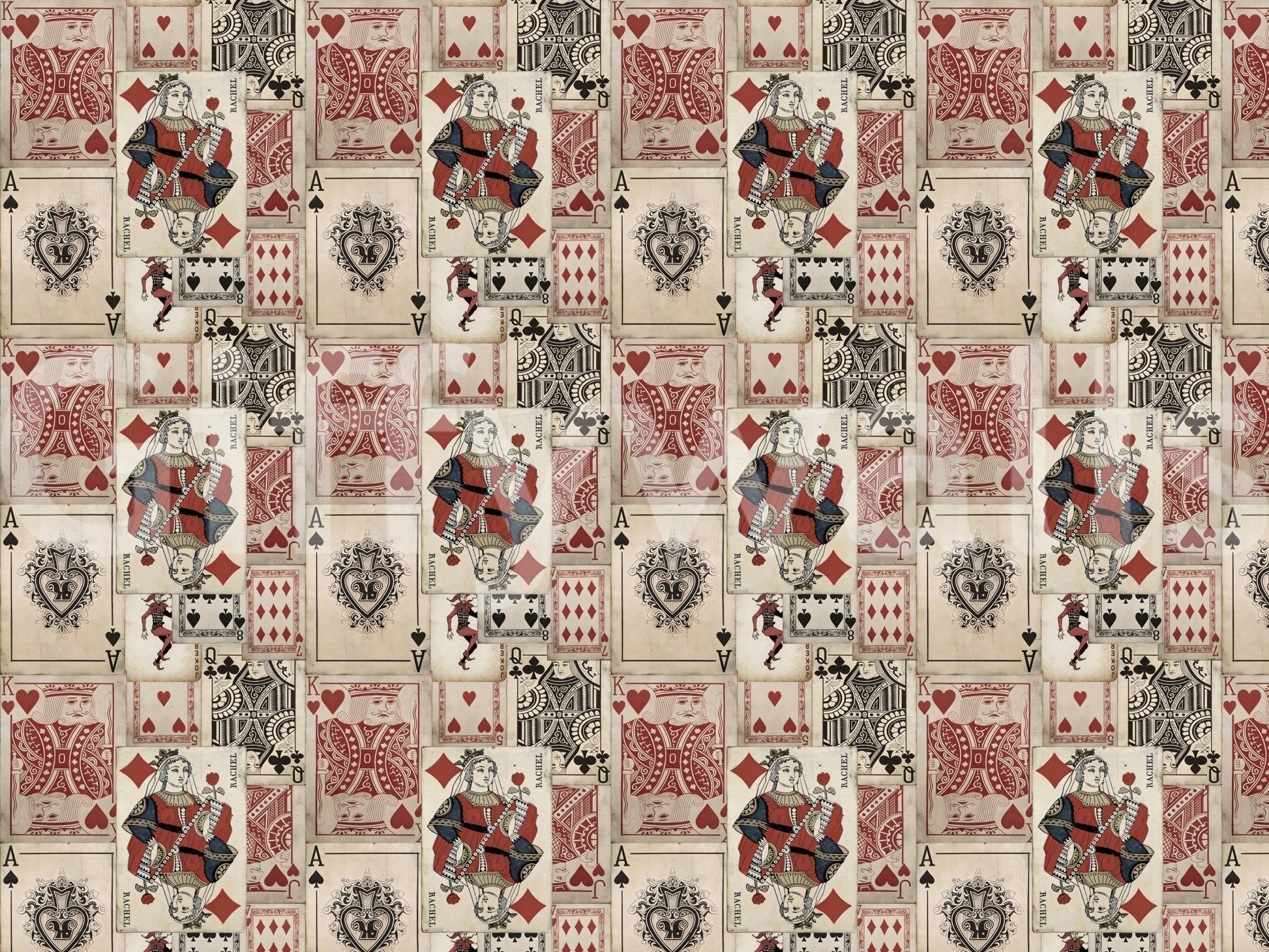 Retro deck wall mural with king, queen, and ace motifs