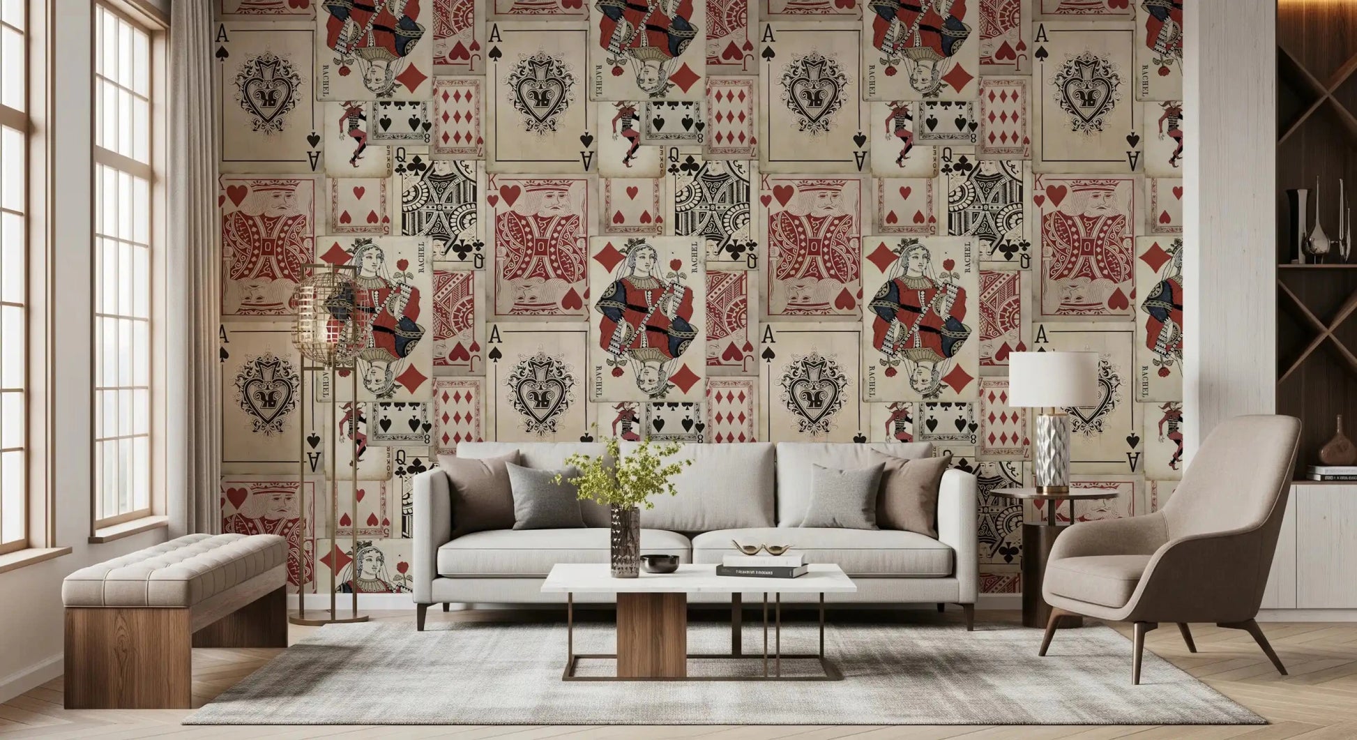 Vintage playing card wall mural for a stylish Living room