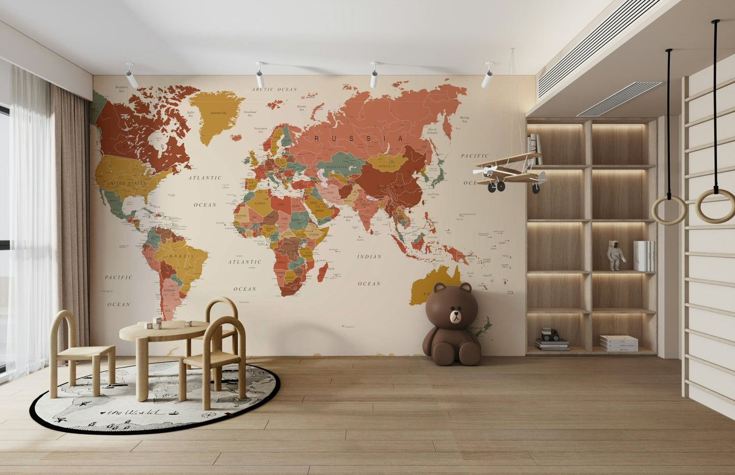 Detailed countries in brown, green, and ochre
