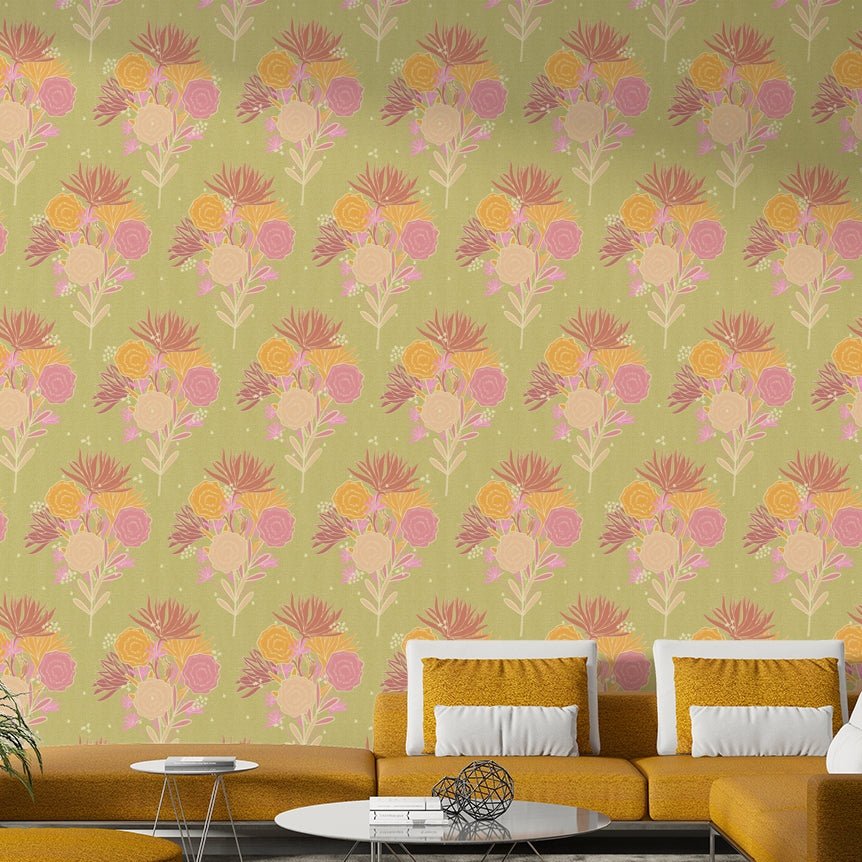 Classic botanical design with soft blooms and muted colors

