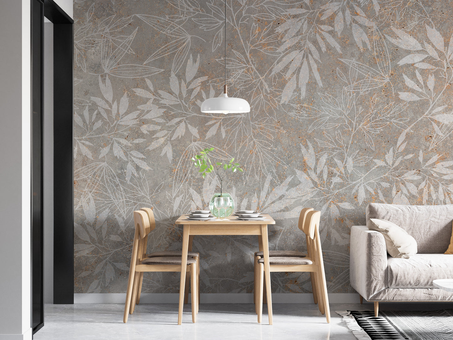 Vintage Floral Artwork wallpaper mural in grey beside a light-wood dining table and grey sofa