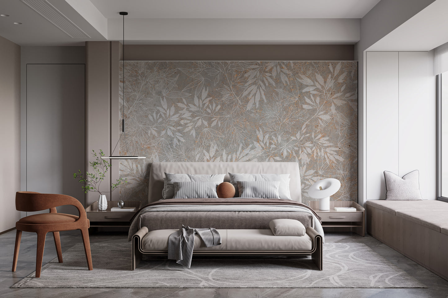 Vintage Floral Artwork wallpaper mural in grey and beige above an upholstered bed in a bedroom