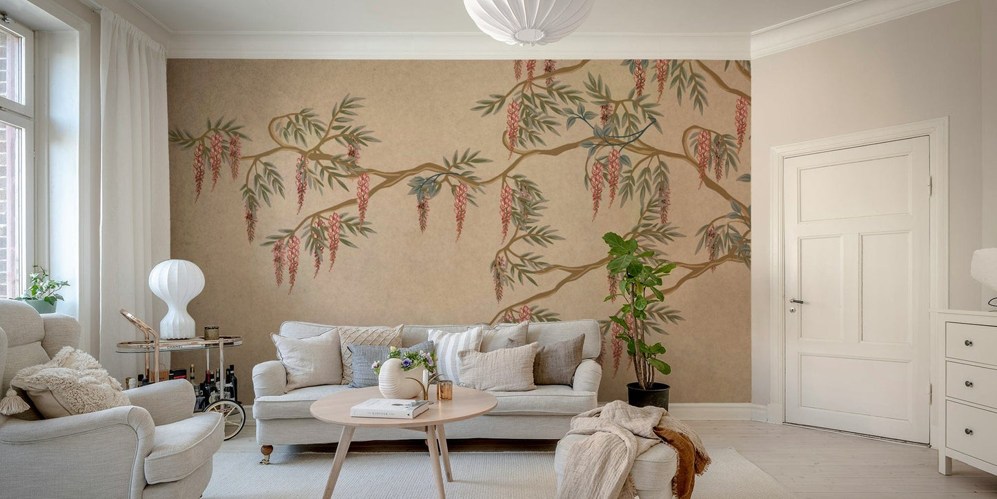 A peaceful wall mural with a vintage, floral design.

