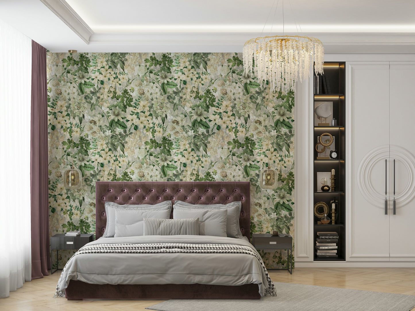 An angled shot of a wall with peaceful wallpaper

