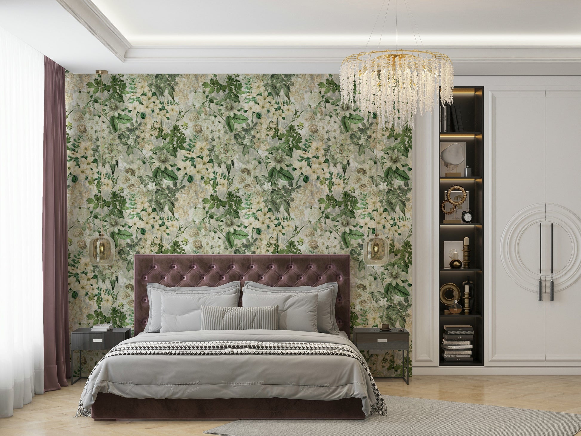 An angled shot of a wall with peaceful wallpaper


