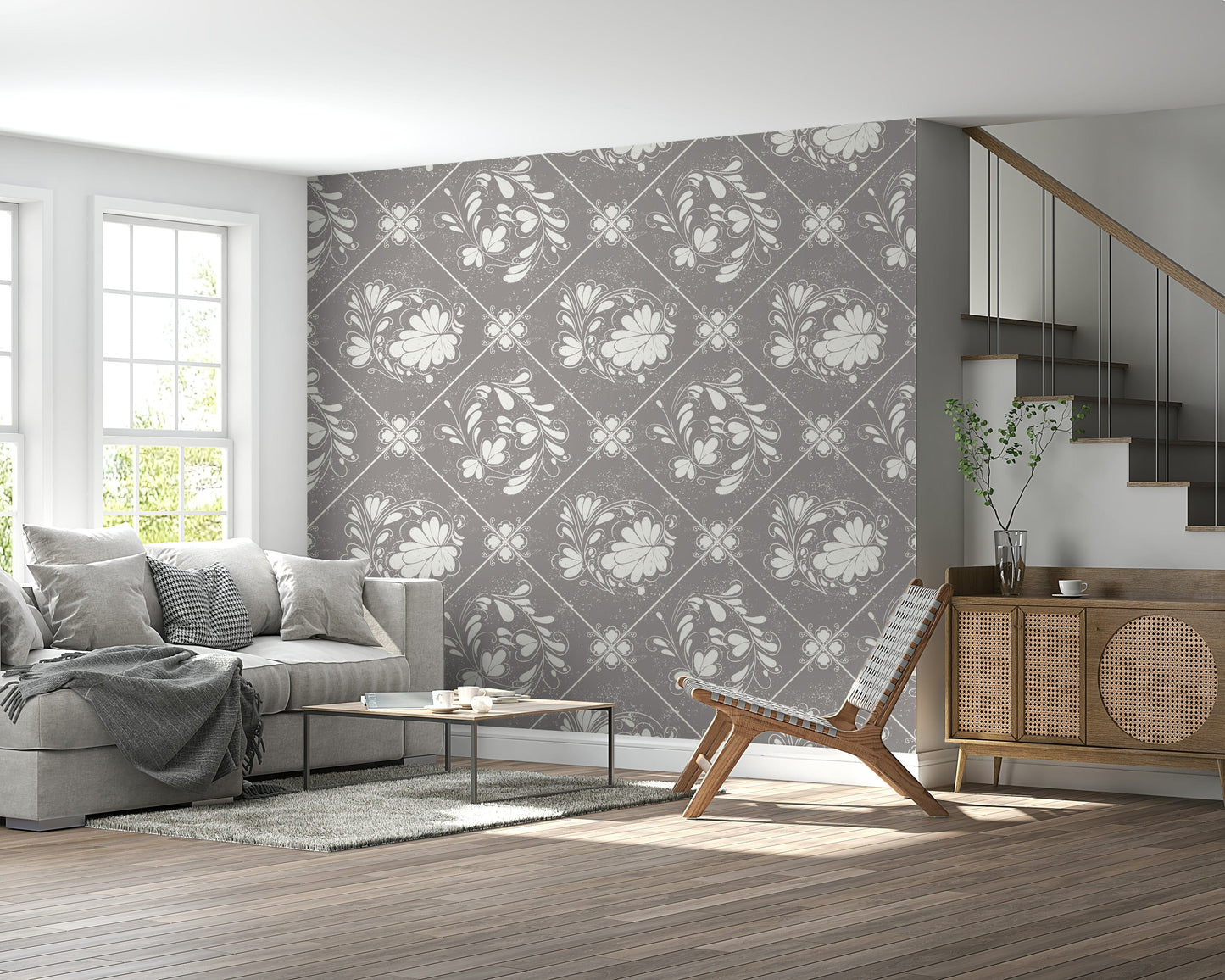 Muted floral tile wallpaper in living room, feature wall behind sofa and minimal wall decor
