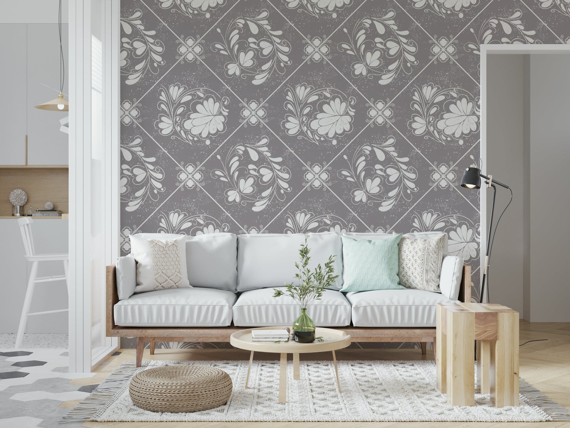 Distressed floral tiles wallpaper in café-style nook, warm lighting and natural wood accents