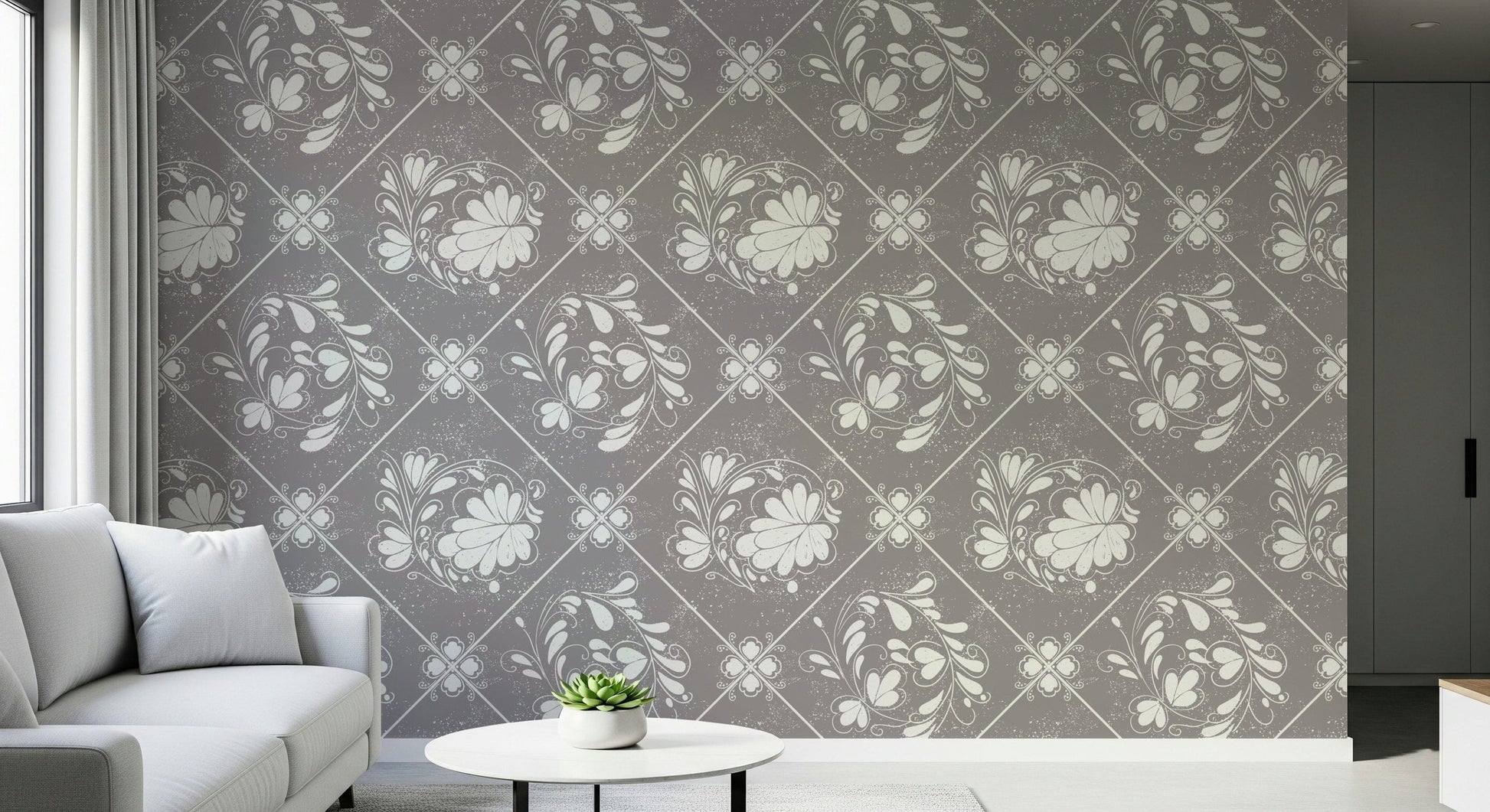 Distressed Floral Tiles Wallpaper in powder room, vintage tile look with modern fixtures