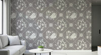 Distressed Floral Tiles Wallpaper in powder room, vintage tile look with modern fixtures