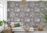 Vintage floral tile wallpaper in apartment bathroom, soft color pattern behind mirror and vanity