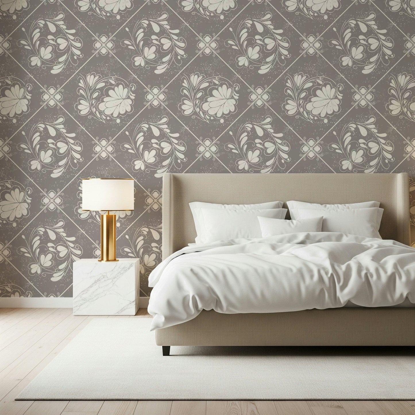Soft distressed floral tiles wallpaper in bedroom, calm backdrop behind headboard and light bedding
