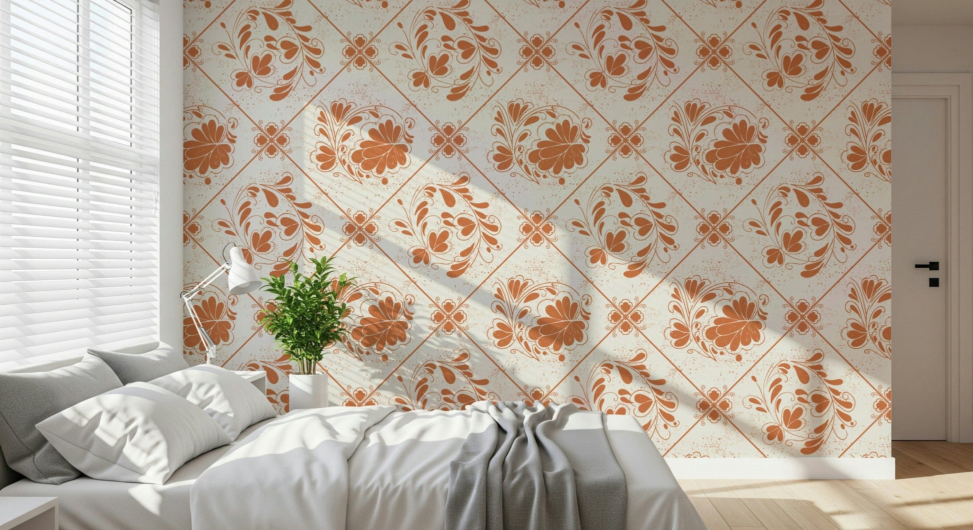 Floral patchwork squares wallpaper for hallway, muted pastel colour blocks, subtle pattern