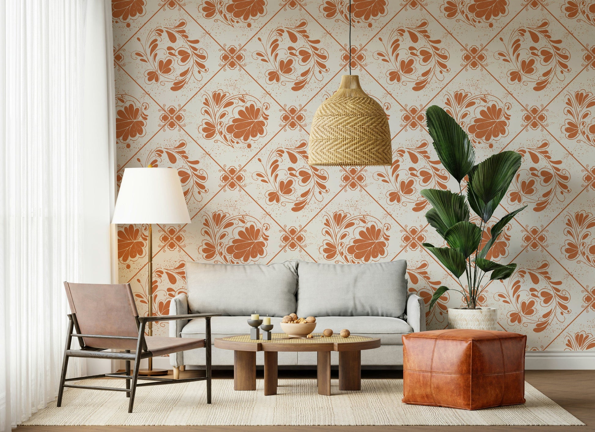 Vintage floral square pattern wallpaper behind bed in bedroom, soft beige and green tones