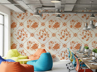 Distressed Floral Squares Wallpaper in home office, tile-style floral grid, simple home styling