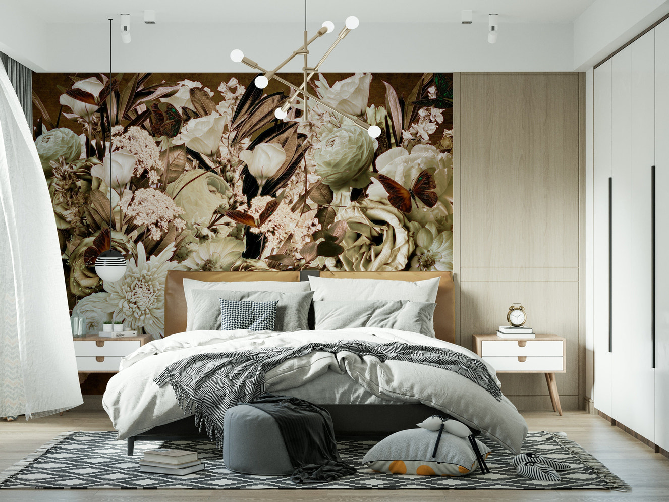 An artistic delicate bloom mural on minimalist wallpaper.

