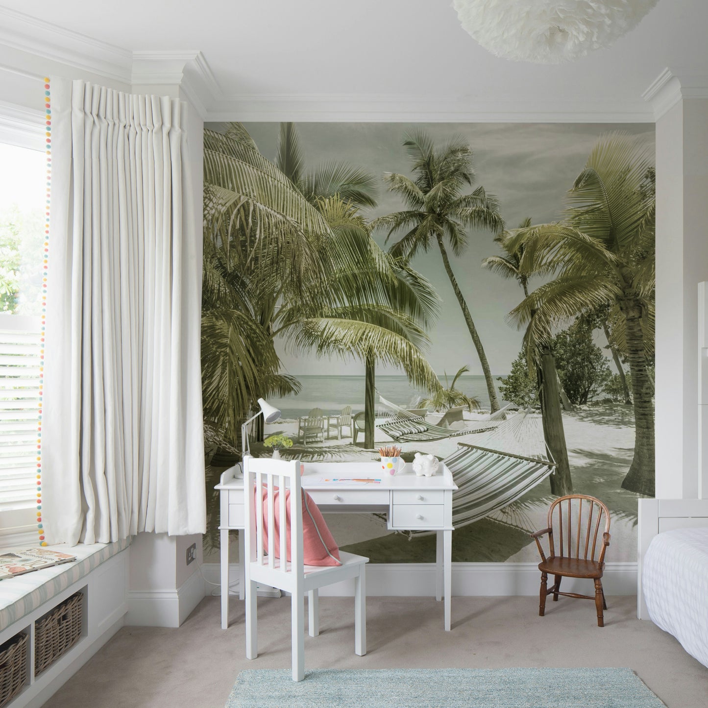 Calm coastal wallpaper with palm trees and sky

