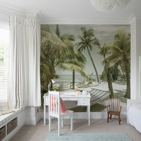Calm coastal wallpaper with palm trees and sky

