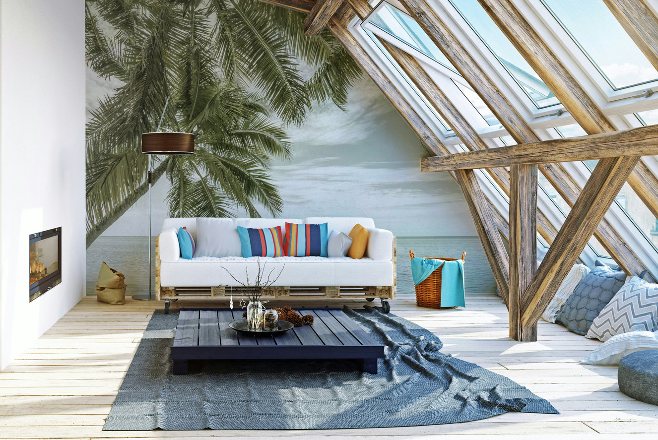 Vintage Florida mural with ocean view and palm trees

