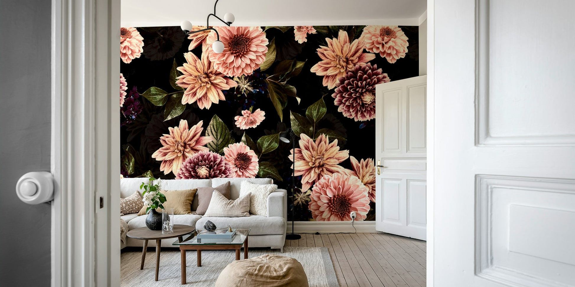 The mural is installed in a modern, eclectic living room.

