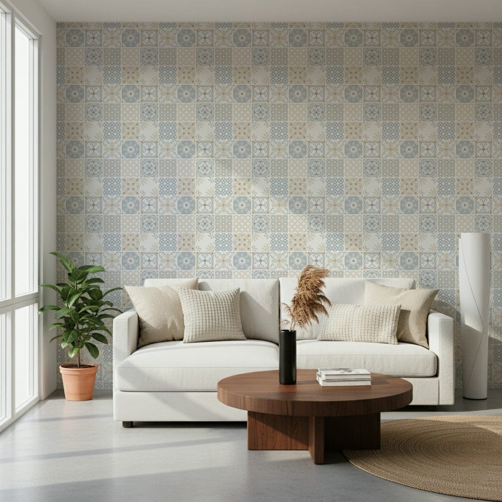 Vintage Folk Tiles – Blue Breeze Wallpaper⁠
