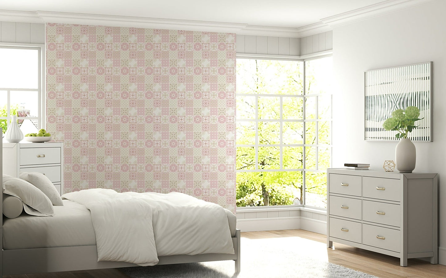 Vintage Folk Tiles – Blush Pink Wallpaper