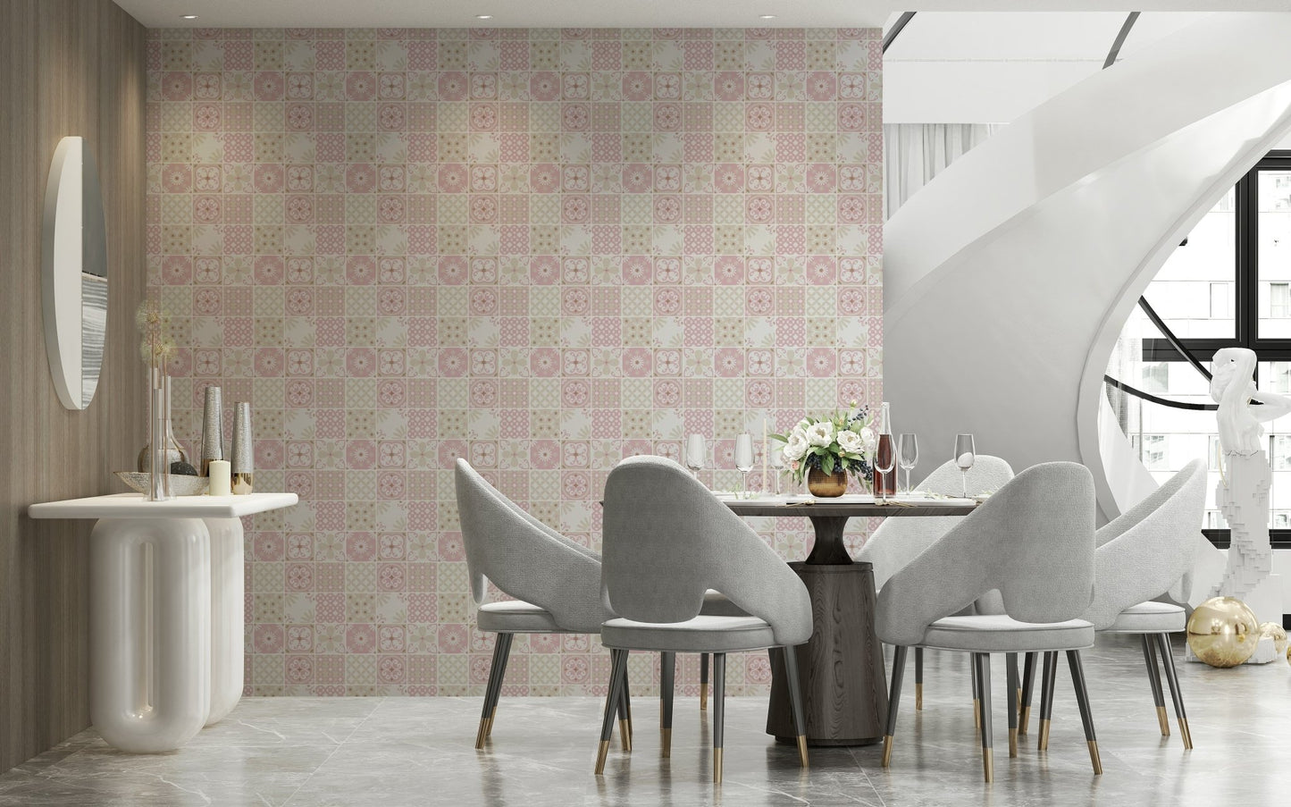 Vintage Folk Tiles – Blush Pink Wallpaper