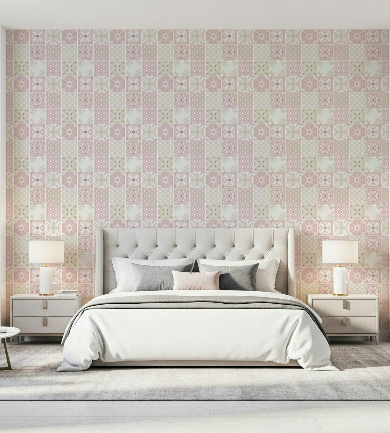 Vintage Folk Tiles – Blush Pink Wallpaper