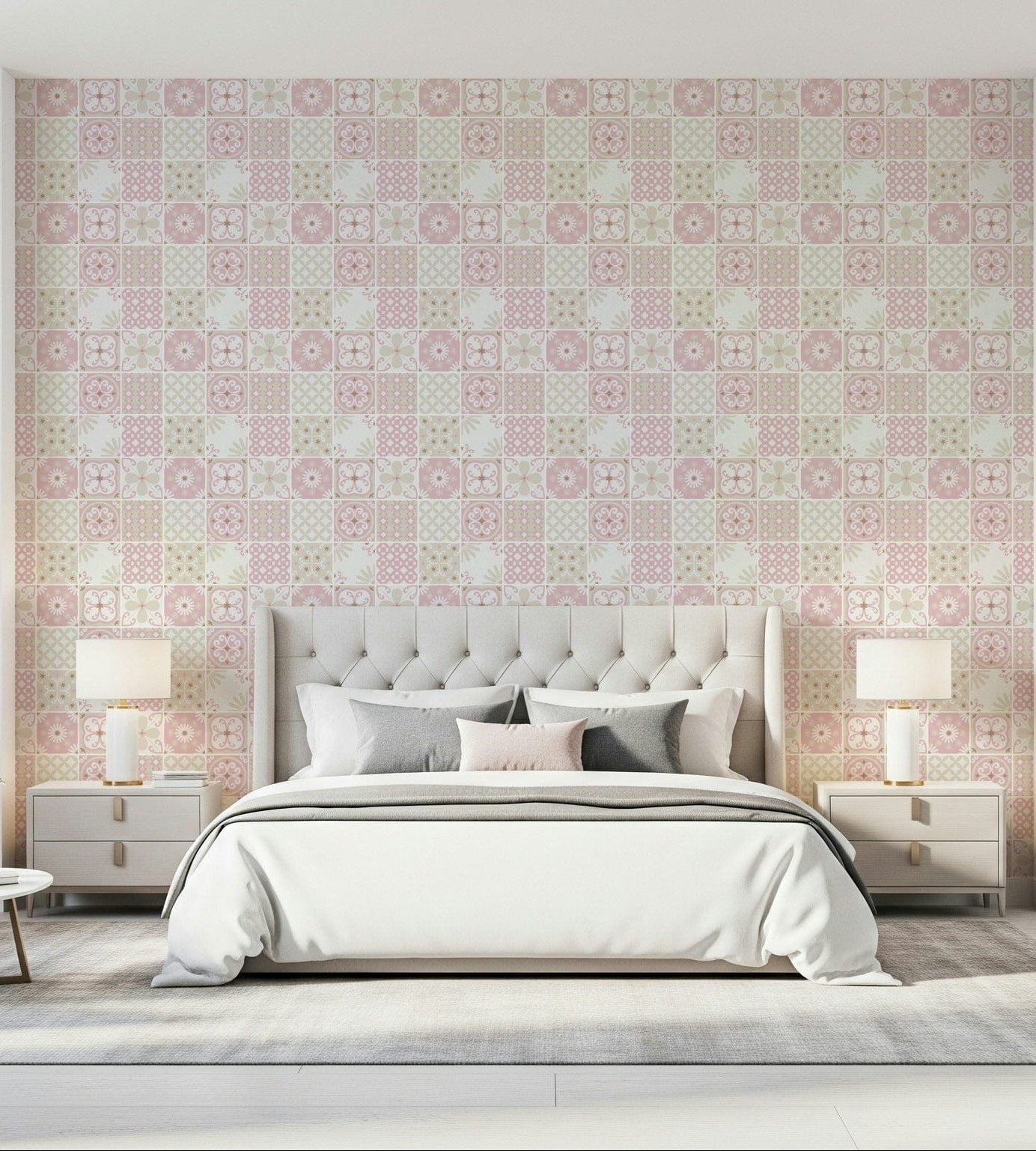 Vintage Folk Tiles – Blush Pink Wallpaper