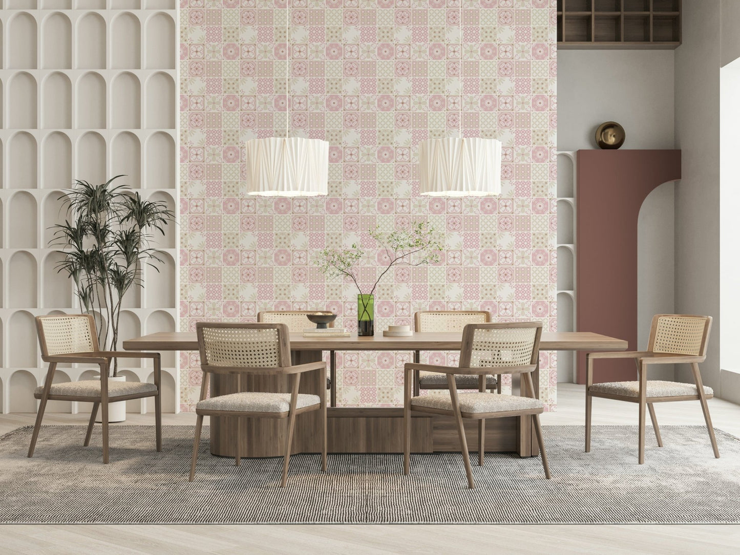 Vintage Folk Tiles – Blush Pink Wallpaper