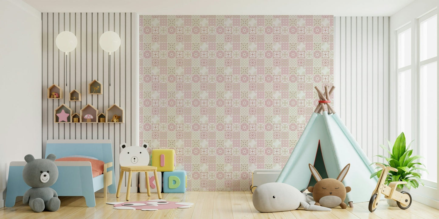 Vintage Folk Tiles – Blush Pink Wallpaper