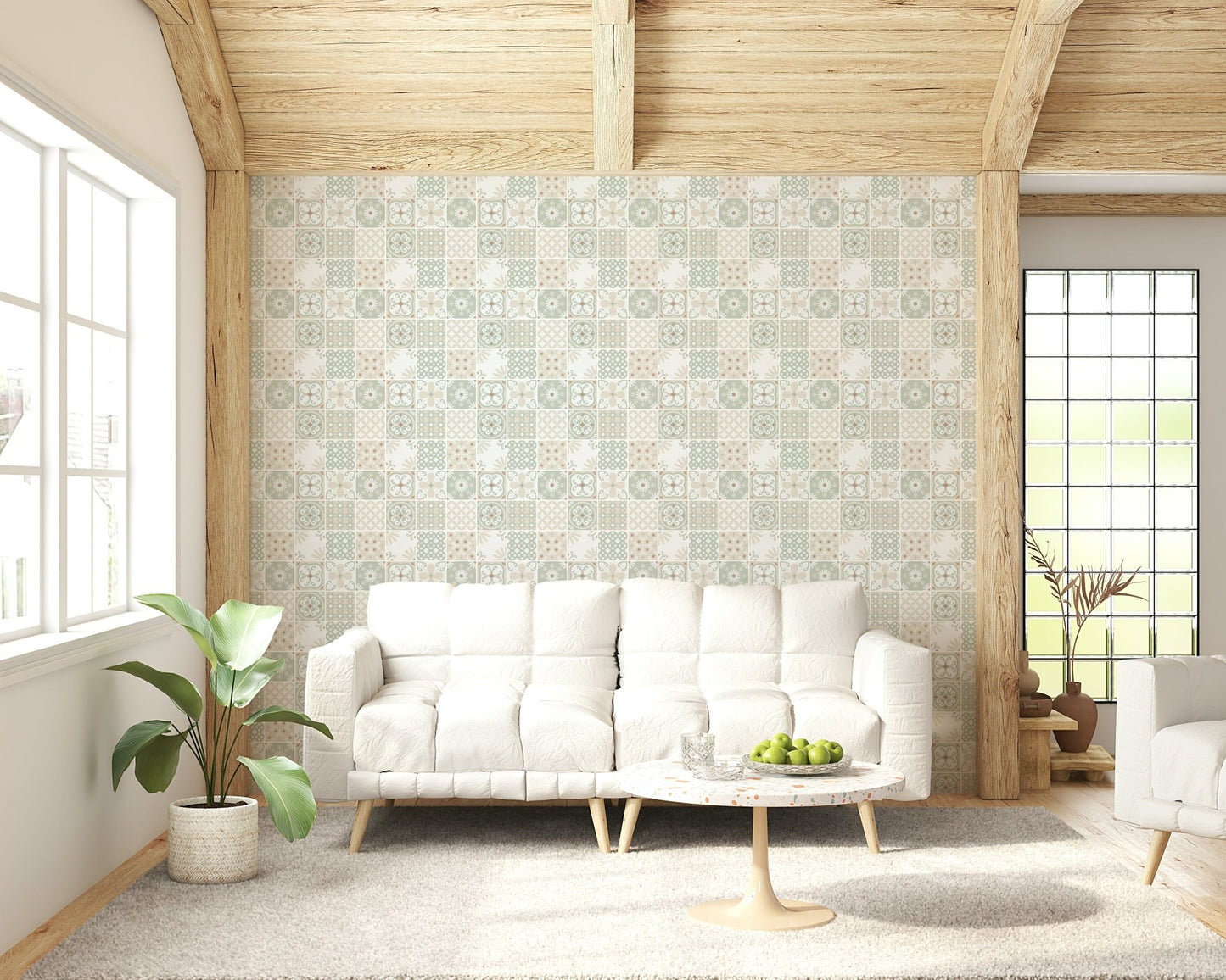 Vintage Folk Tiles – Sage Green Wallpaper⁠