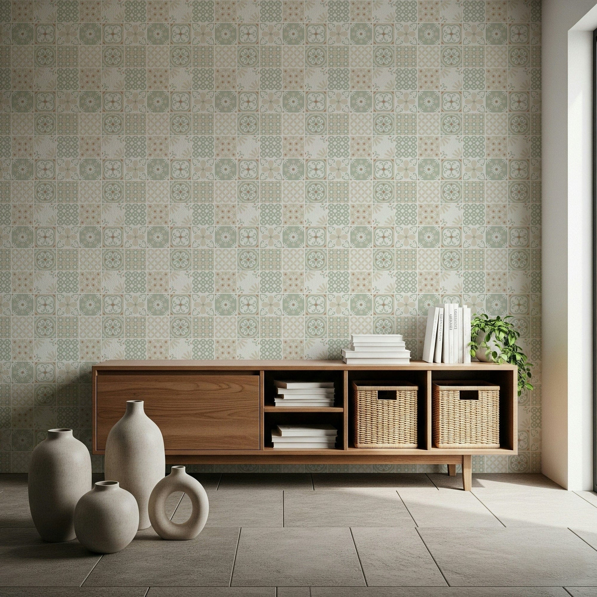 Vintage Folk Tiles Sage Green wallpaper above a low wood sideboard with vases and baskets in a minimalist room