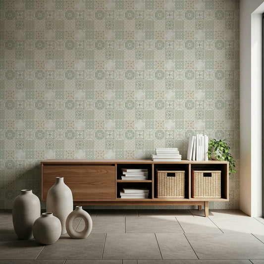 Vintage Folk Tiles Sage Green wallpaper above a low wood sideboard with vases and baskets in a minimalist room