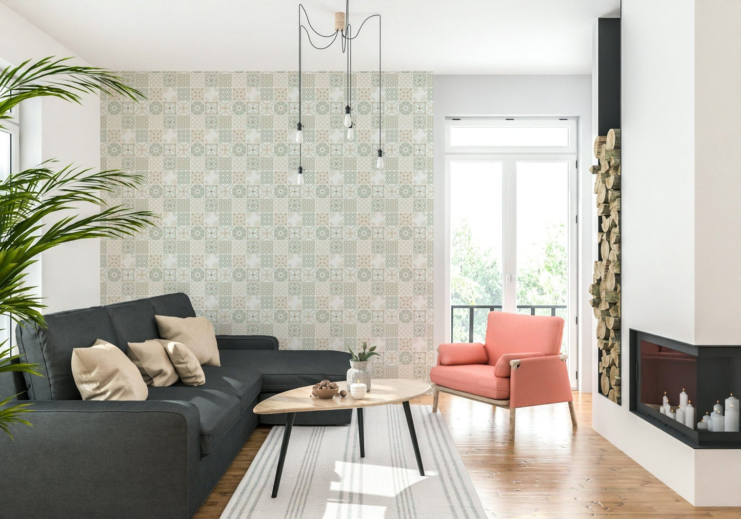 Vintage Folk Tiles – Sage Green Wallpaper⁠