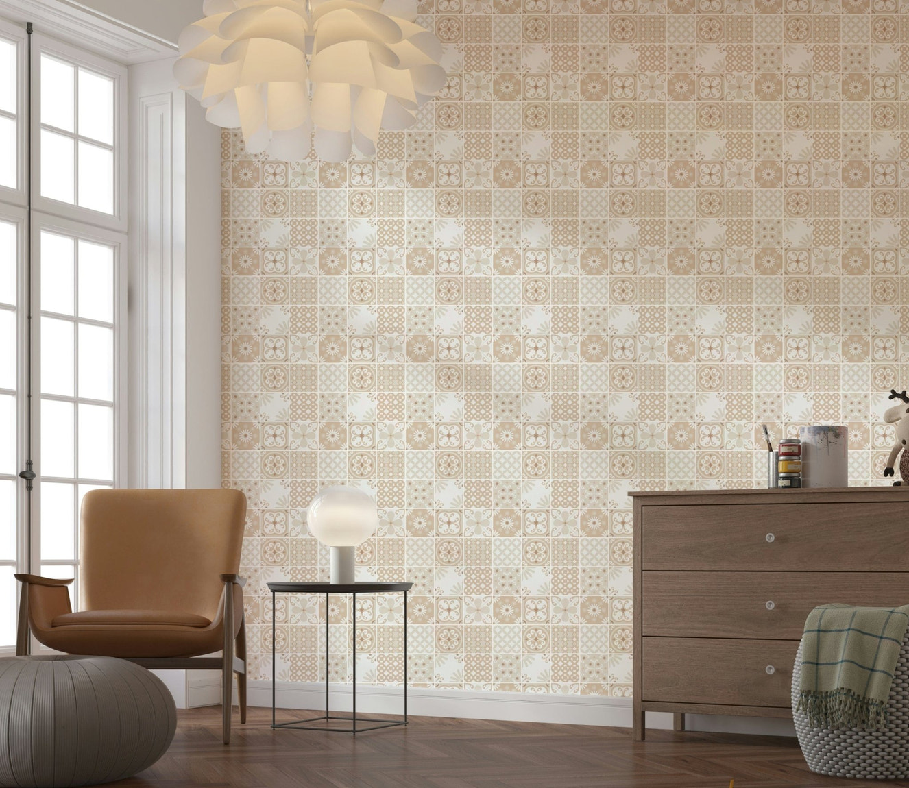 Vintage Folk Tiles – Sand Beige Wallpaper