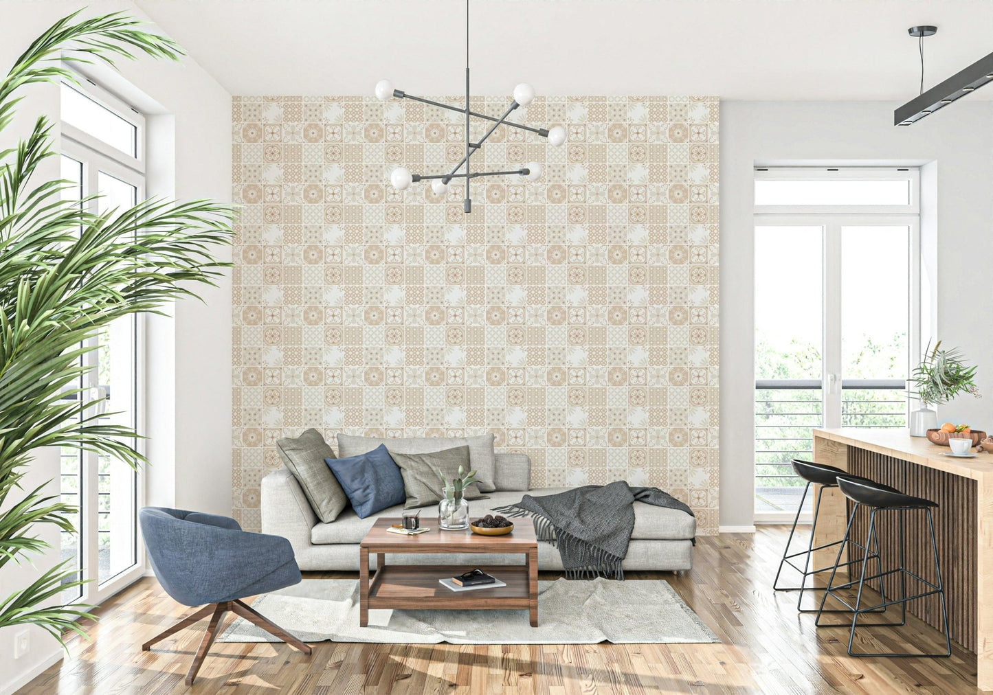 Vintage Folk Tiles – Sand Beige Wallpaper