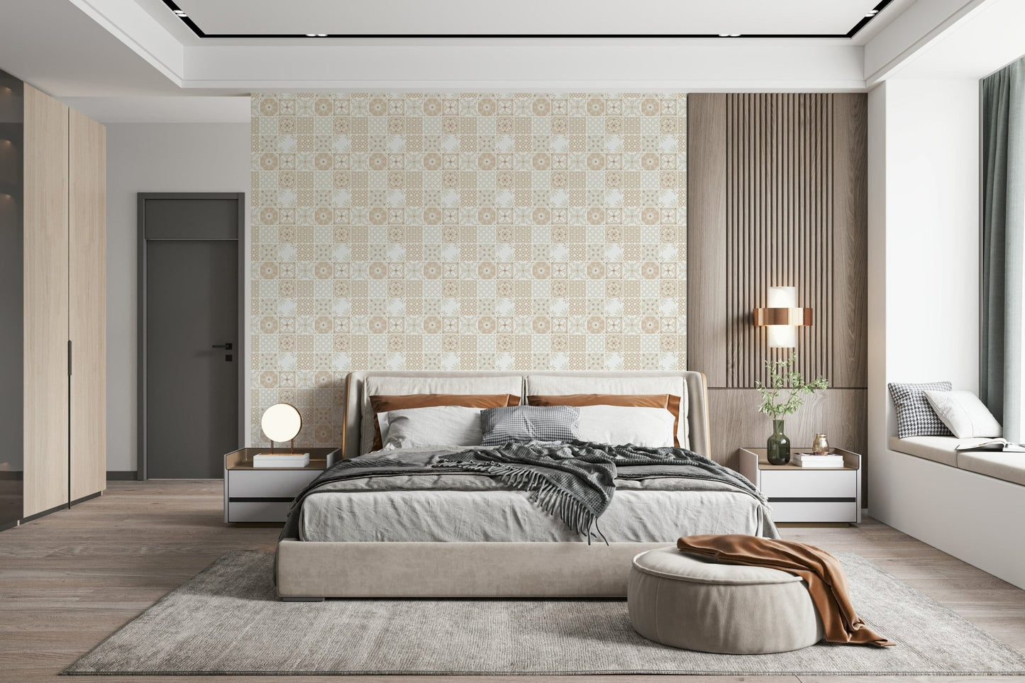 Vintage Folk Tiles – Sand Beige Wallpaper