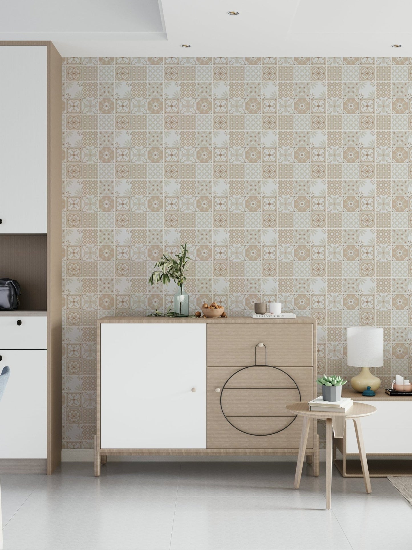 Vintage Folk Tiles – Sand Beige Wallpaper