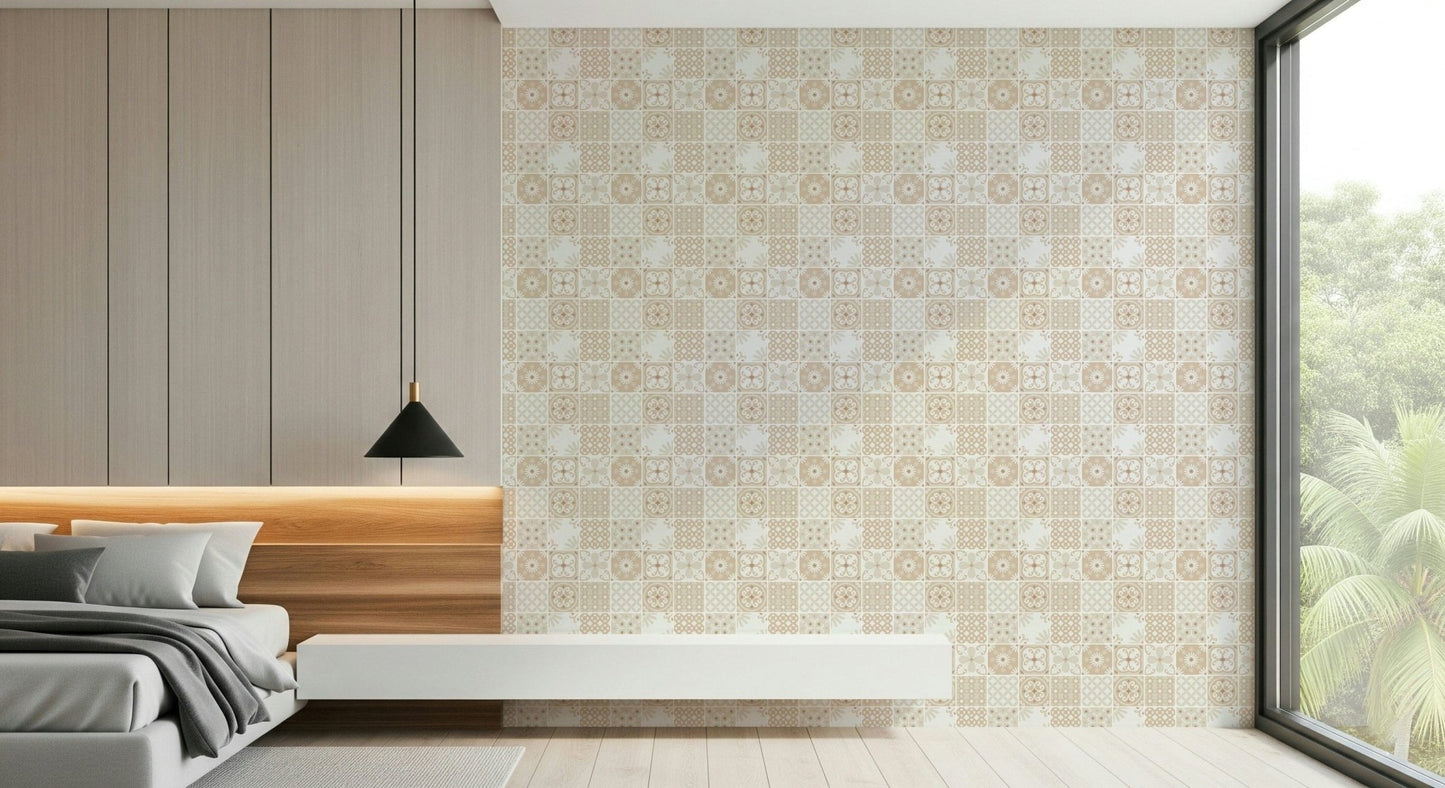 Vintage Folk Tiles – Sand Beige Wallpaper