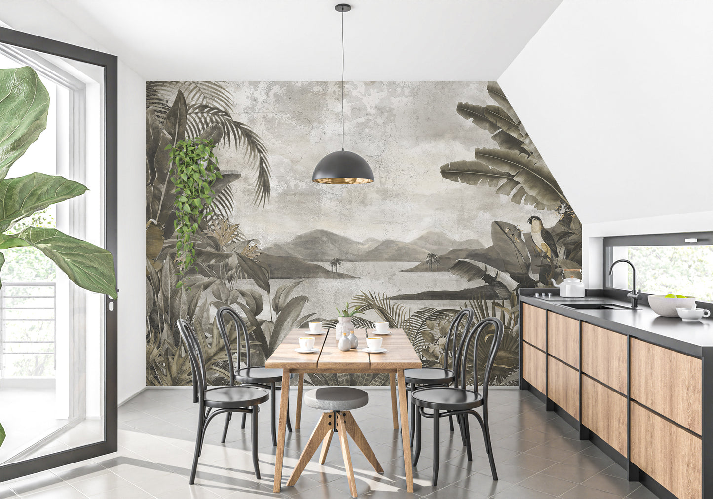 Scenic vintage forest wall mural tones
