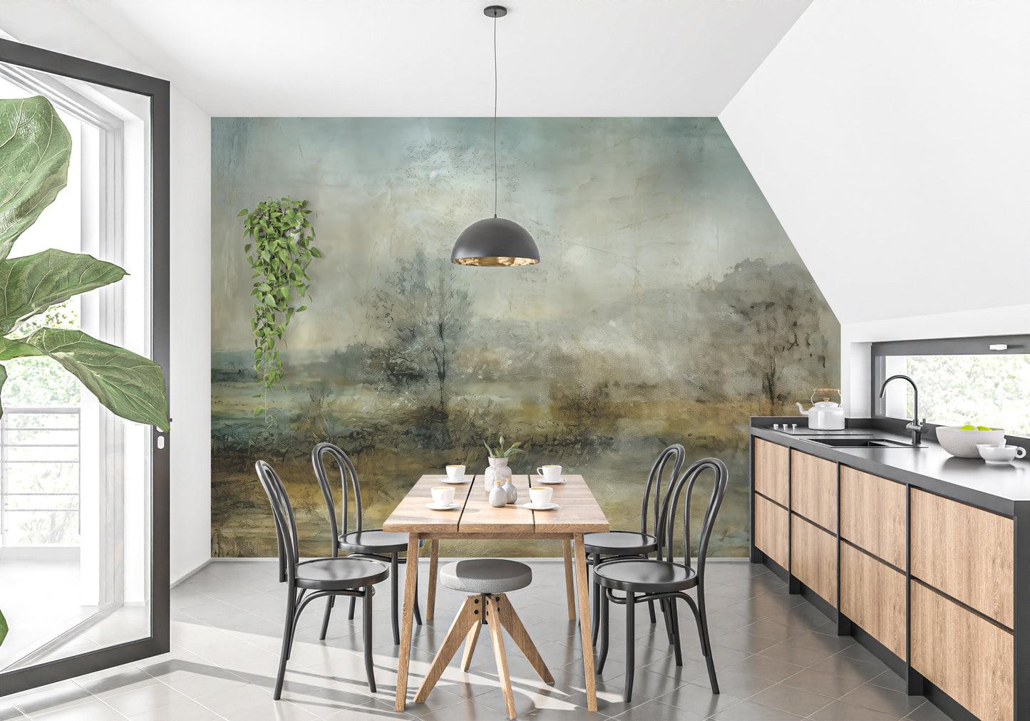 Self adhesive vintage forest wallpaper mural used in a kitchen with dinging room for a damage-free woodsy aesthetic.