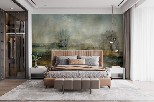 Antique woodland mural on premium canvas material installed as a feature wall in a sophisticated bedroom.