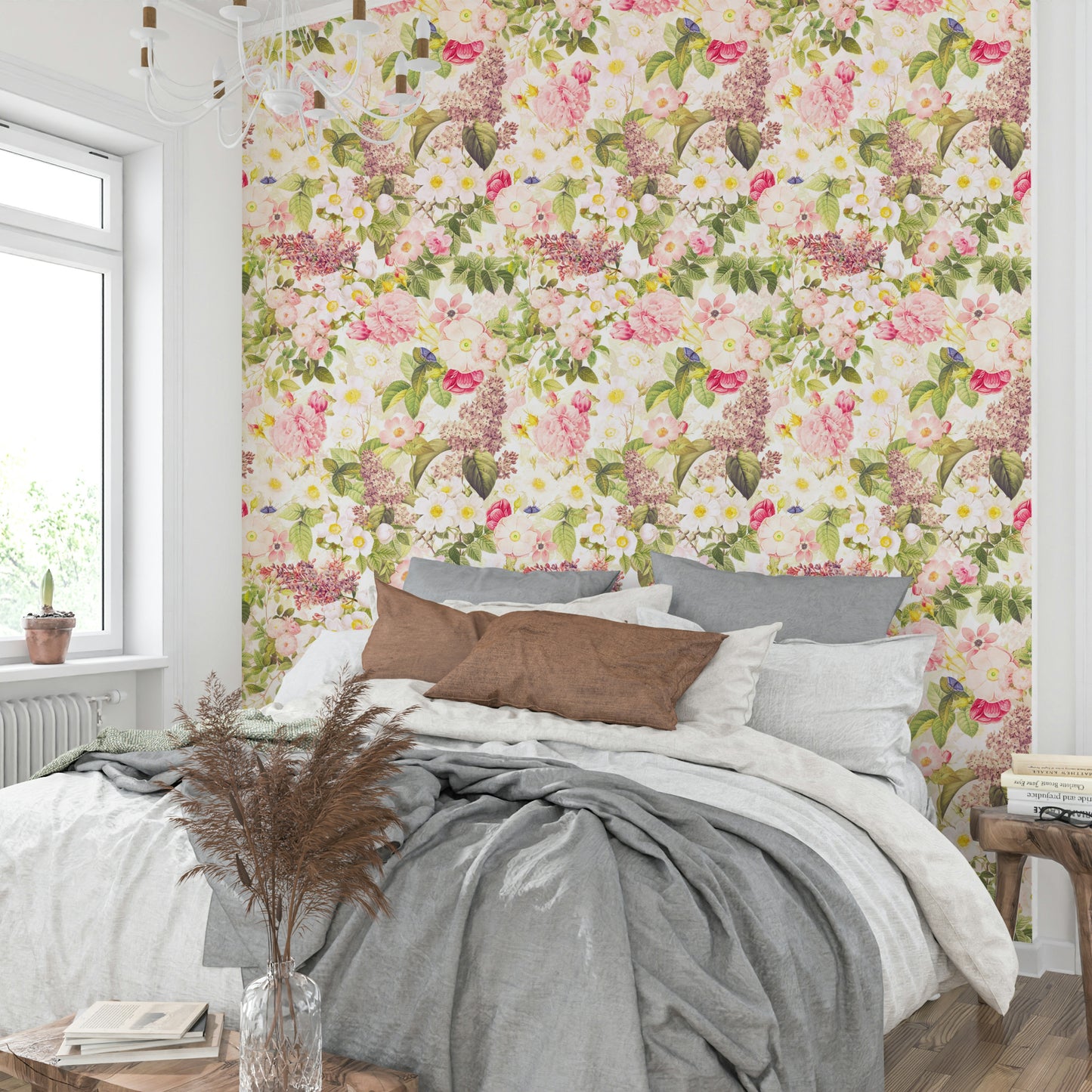 Romantic vintage garden wallpaper behind bed

