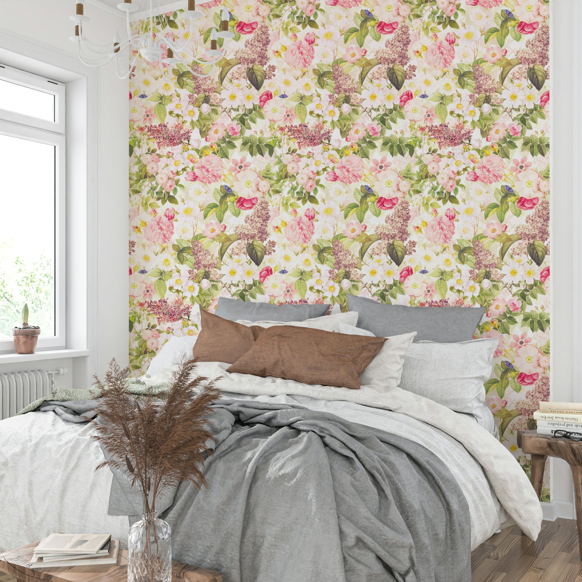Romantic vintage garden wallpaper behind bed

