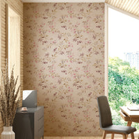 Soft floral wall mural with pink, blue, and green tones.

